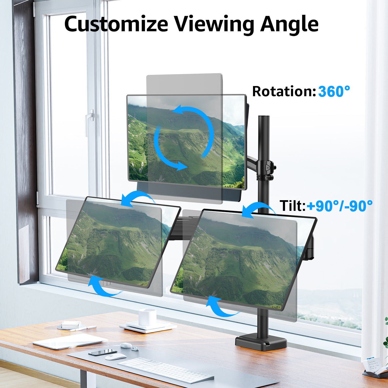 MOUNTUP Triple Monitor Mount for Max 32 Inch Screen, Each Arm Holds 4.4-17.6lbs, 3 Monitors Desk Mount, Triple Monitor Stand for Desk, Adjutable Triple Monitor Arm with Clamp/Grommet Base