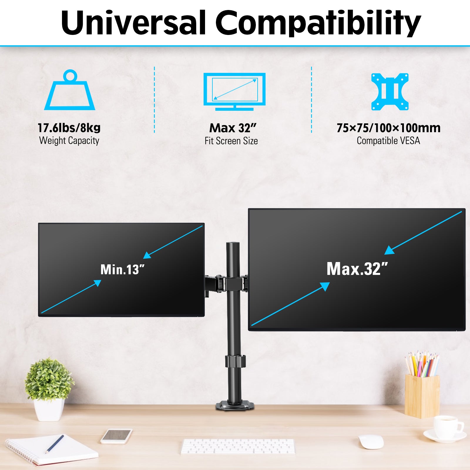 MOUNTUP Dual Monitor Stand Fits Max 32 Inch Screen up to 17.6lbs, Dual Monitor Desk Mount, Fully Adjustable Dual Monitor Arm for 2 LCD Screens, Double Monitor Stand with C-Clamp and Grommet Base
