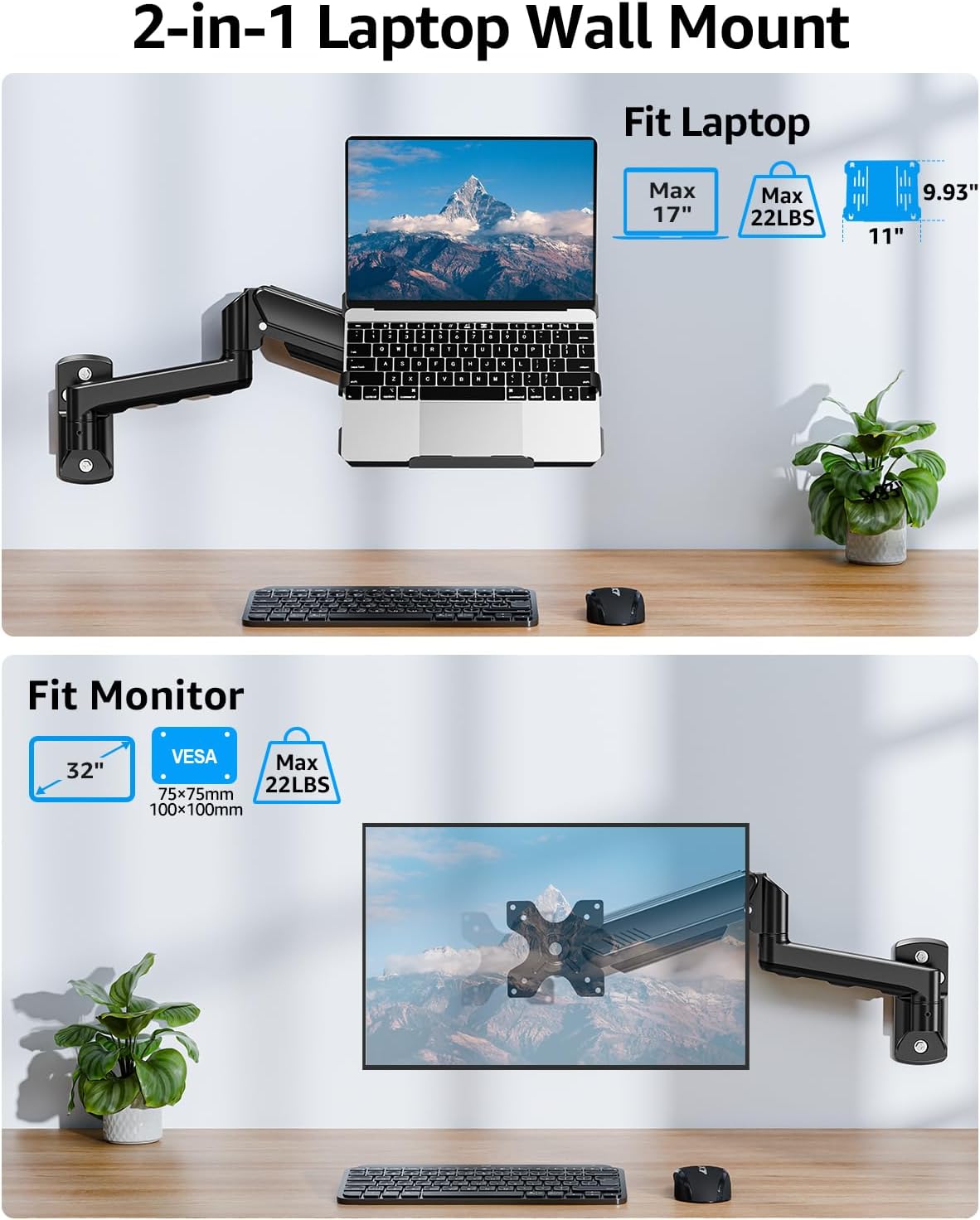 MOUNTUP Laptop Wall Mount, Adjustable Laptop Mount for Max 17" Notebook or Max 32" Monitor, Wall Mount Laptop Holder Holds 4.4-22lbs, 2-in-1 Laptop Arm with Ventilated Tray