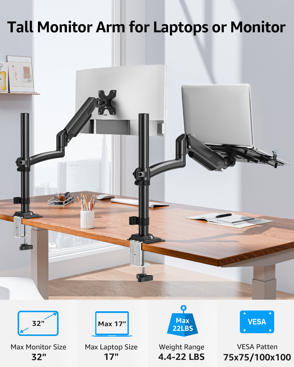 MOUNTUP Laptop Desk Mount, Adjustable Laptop Stand for max 17" Notebook or 32" Monitor, Laptops Arm Mount for Desk Holds 4.4-22lbs, Tall Laptops Mount with Clamp/Grommet