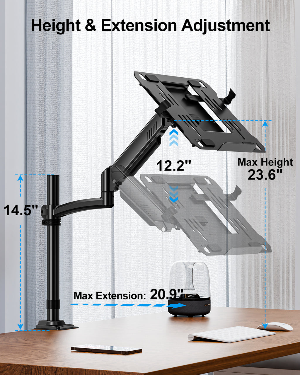 MOUNTUP Laptop Desk Mount, Adjustable Laptop Stand for max 17" Notebook or 32" Monitor, Laptops Arm Mount for Desk Holds 4.4-22lbs, Tall Laptops Mount with Clamp/Grommet