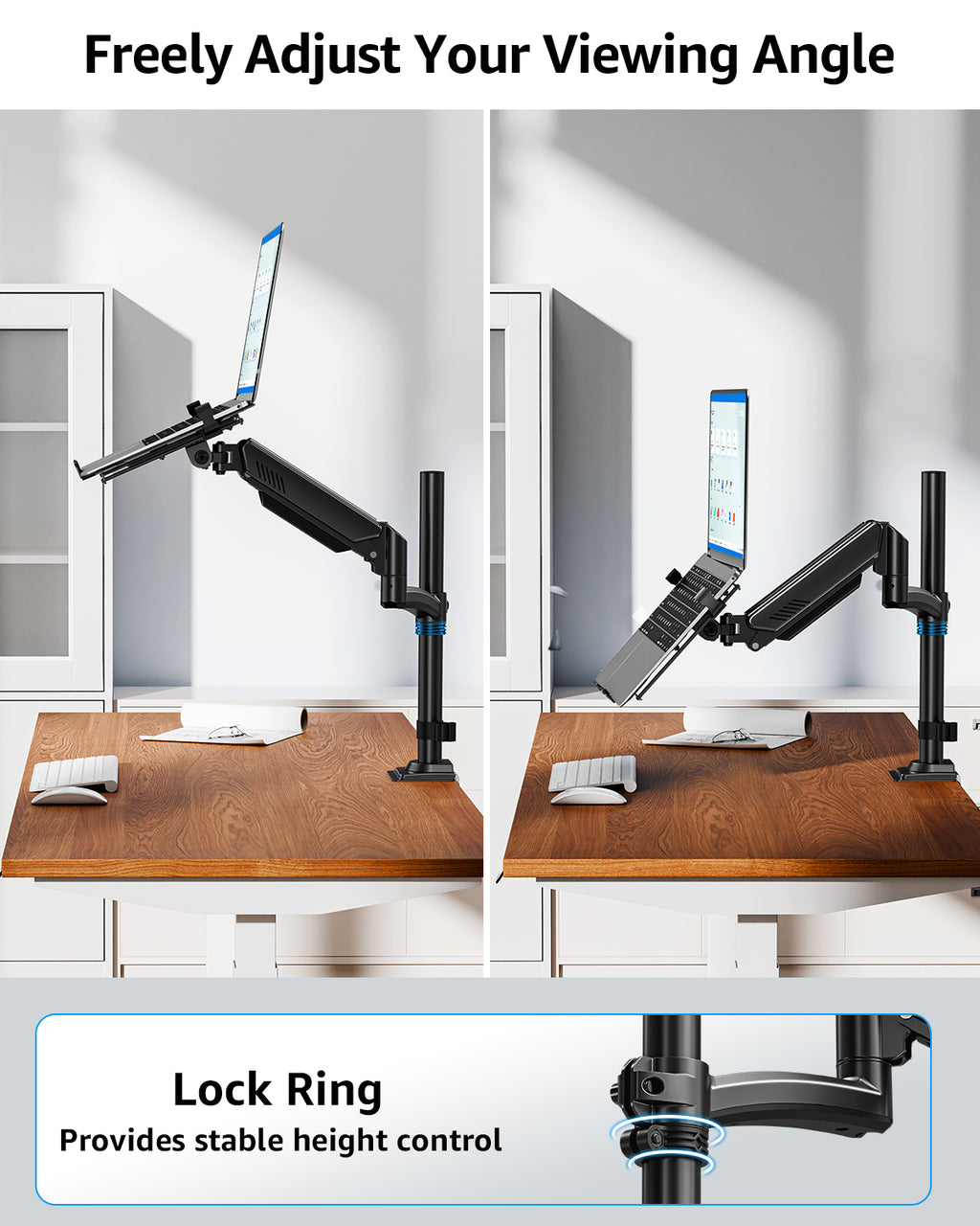 MOUNTUP Laptop Desk Mount, Adjustable Laptop Stand for max 17" Notebook or 32" Monitor, Laptops Arm Mount for Desk Holds 4.4-22lbs, Tall Laptops Mount with Clamp/Grommet