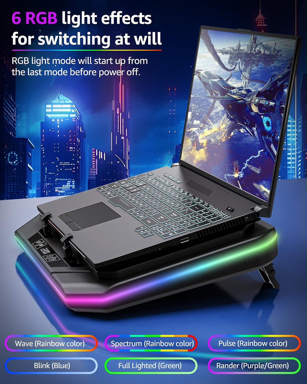 MOUNTUP RGB Laptop Cooling Pad for 13-19 Inch, Max 3500RPM Gaming Laptop Cooler, Cooling Pad Stand with Touch Switch to Control Speed, Laptop Fan Cooling Pad with Powerful 4.72 Inch Turbo Fan